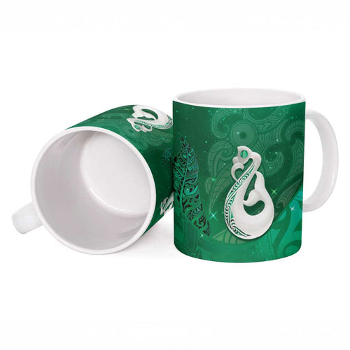 New Zealand Matariki Ceramic Mug Maori Manaia Galaxy Silver Fern Green Color
