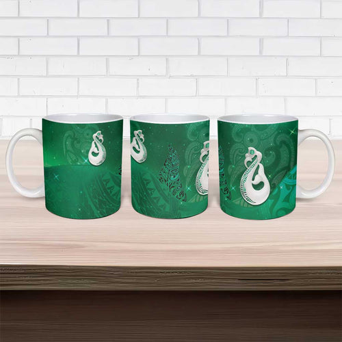 New Zealand Matariki Ceramic Mug Maori Manaia Galaxy Silver Fern Green Color