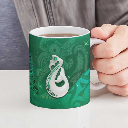 New Zealand Matariki Ceramic Mug Maori Manaia Galaxy Silver Fern Green Color