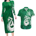 New Zealand Matariki Couples Matching Long Sleeve Bodycon Dress and Hawaiian Shirt Maori Manaia Galaxy Silver Fern Green Color