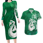 New Zealand Matariki Couples Matching Long Sleeve Bodycon Dress and Hawaiian Shirt Maori Manaia Galaxy Silver Fern Green Color