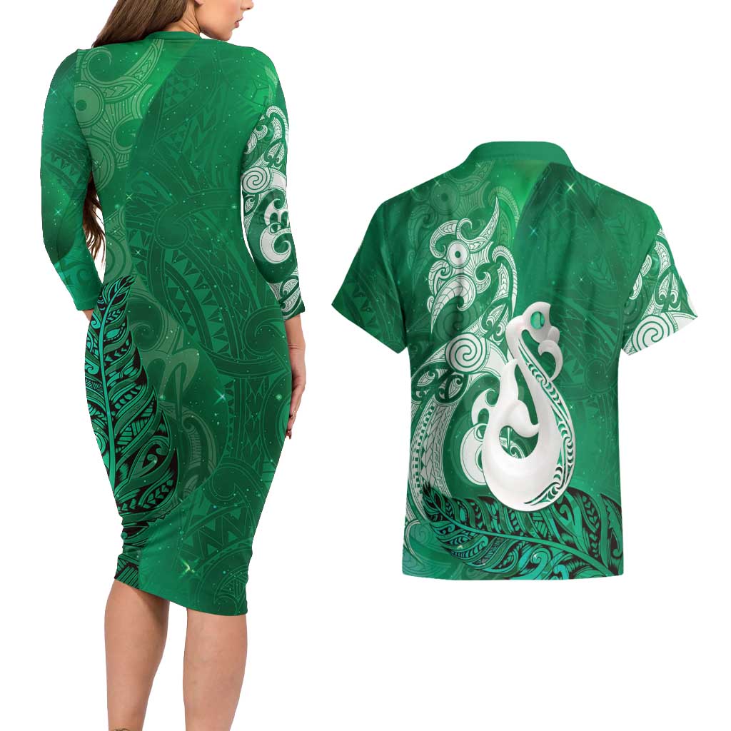 New Zealand Matariki Couples Matching Long Sleeve Bodycon Dress and Hawaiian Shirt Maori Manaia Galaxy Silver Fern Green Color