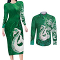 New Zealand Matariki Couples Matching Long Sleeve Bodycon Dress and Long Sleeve Button Shirt Maori Manaia Galaxy Silver Fern Green Color