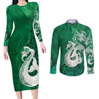 New Zealand Matariki Couples Matching Long Sleeve Bodycon Dress and Long Sleeve Button Shirt Maori Manaia Galaxy Silver Fern Green Color