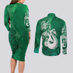 New Zealand Matariki Couples Matching Long Sleeve Bodycon Dress and Long Sleeve Button Shirt Maori Manaia Galaxy Silver Fern Green Color