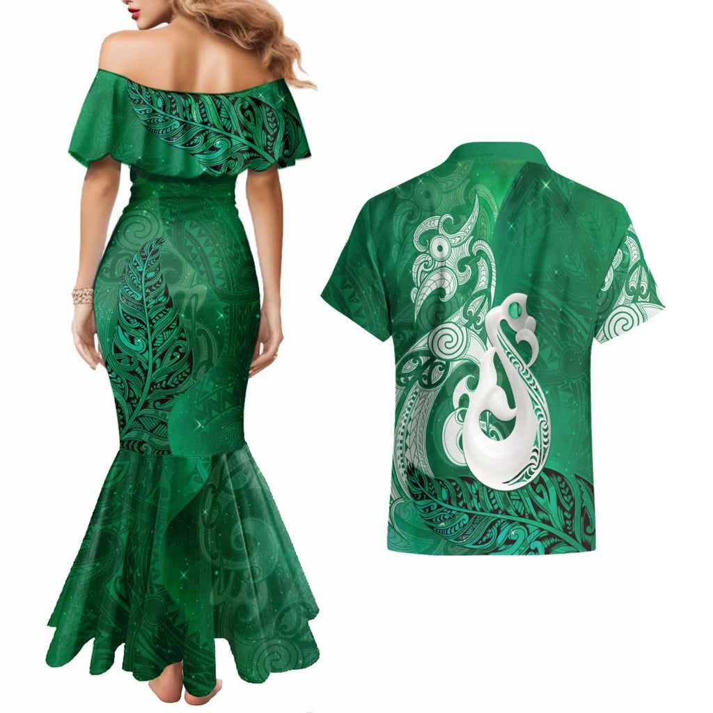 New Zealand Matariki Couples Matching Mermaid Dress and Hawaiian Shirt Maori Manaia Galaxy Silver Fern Green Color