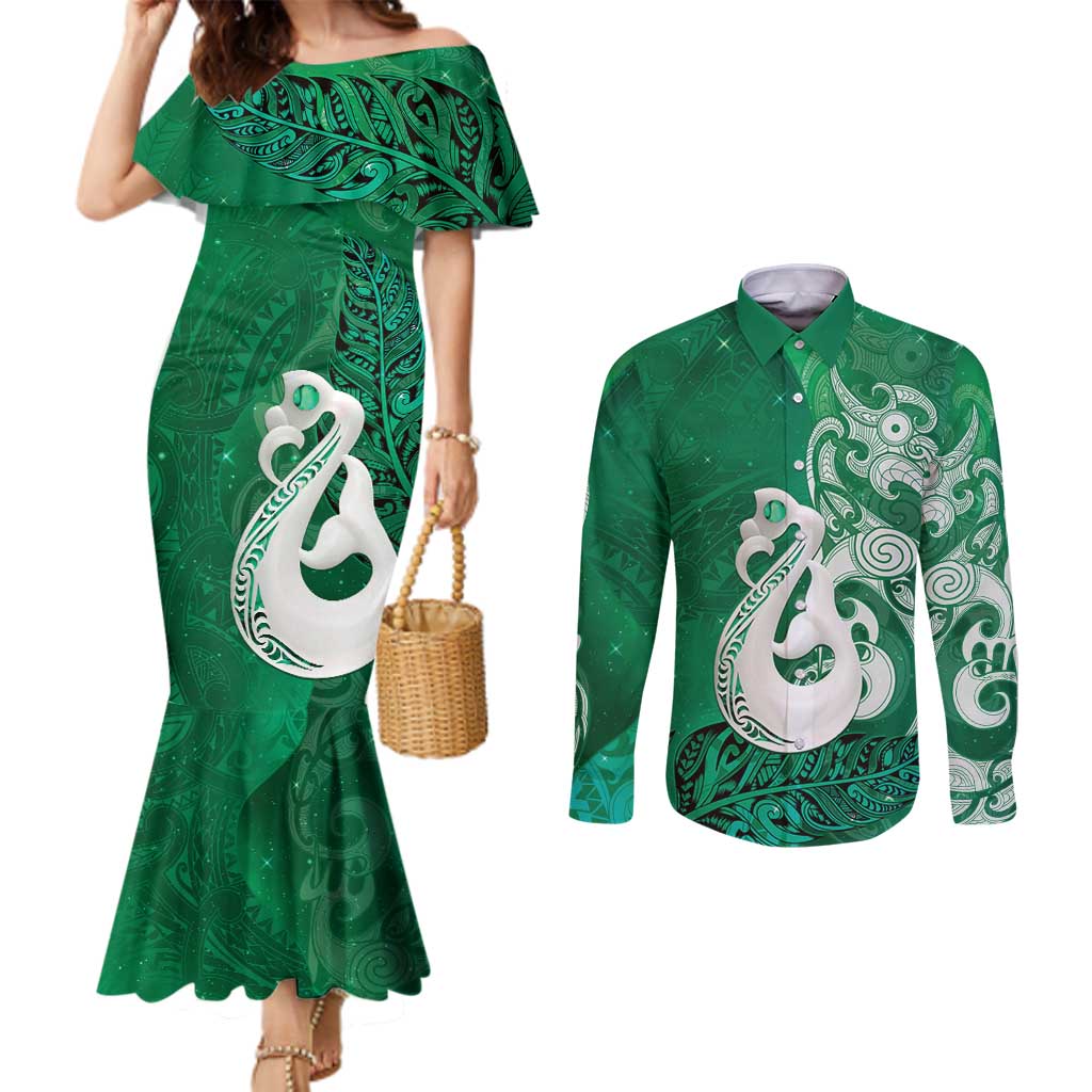 New Zealand Matariki Couples Matching Mermaid Dress and Long Sleeve Button Shirt Maori Manaia Galaxy Silver Fern Green Color
