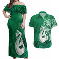 New Zealand Matariki Couples Matching Off Shoulder Maxi Dress and Hawaiian Shirt Maori Manaia Galaxy Silver Fern Green Color