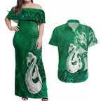 New Zealand Matariki Couples Matching Off Shoulder Maxi Dress and Hawaiian Shirt Maori Manaia Galaxy Silver Fern Green Color