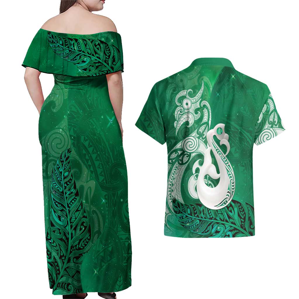 New Zealand Matariki Couples Matching Off Shoulder Maxi Dress and Hawaiian Shirt Maori Manaia Galaxy Silver Fern Green Color