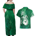 New Zealand Matariki Couples Matching Off Shoulder Maxi Dress and Hawaiian Shirt Maori Manaia Galaxy Silver Fern Green Color
