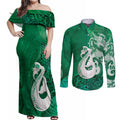 New Zealand Matariki Couples Matching Off Shoulder Maxi Dress and Long Sleeve Button Shirt Maori Manaia Galaxy Silver Fern Green Color
