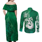 New Zealand Matariki Couples Matching Off Shoulder Maxi Dress and Long Sleeve Button Shirt Maori Manaia Galaxy Silver Fern Green Color