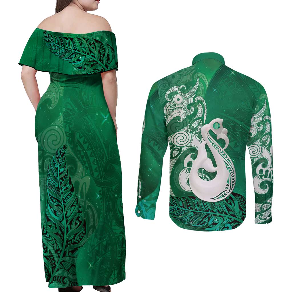 New Zealand Matariki Couples Matching Off Shoulder Maxi Dress and Long Sleeve Button Shirt Maori Manaia Galaxy Silver Fern Green Color
