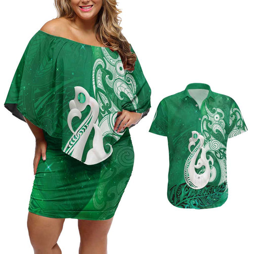 New Zealand Matariki Couples Matching Off Shoulder Short Dress and Hawaiian Shirt Maori Manaia Galaxy Silver Fern Green Color