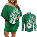 New Zealand Matariki Couples Matching Off Shoulder Short Dress and Long Sleeve Button Shirt Maori Manaia Galaxy Silver Fern Green Color