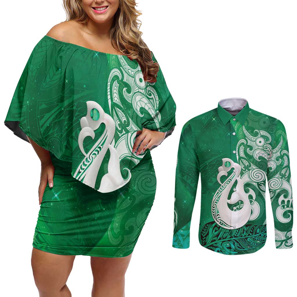 New Zealand Matariki Couples Matching Off Shoulder Short Dress and Long Sleeve Button Shirt Maori Manaia Galaxy Silver Fern Green Color