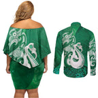 New Zealand Matariki Couples Matching Off Shoulder Short Dress and Long Sleeve Button Shirt Maori Manaia Galaxy Silver Fern Green Color