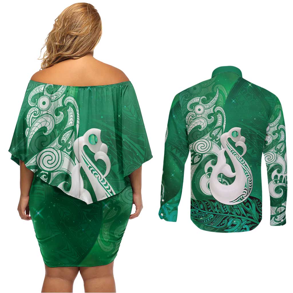 New Zealand Matariki Couples Matching Off Shoulder Short Dress and Long Sleeve Button Shirt Maori Manaia Galaxy Silver Fern Green Color