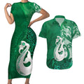 New Zealand Matariki Couples Matching Short Sleeve Bodycon Dress and Hawaiian Shirt Maori Manaia Galaxy Silver Fern Green Color