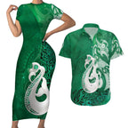 New Zealand Matariki Couples Matching Short Sleeve Bodycon Dress and Hawaiian Shirt Maori Manaia Galaxy Silver Fern Green Color