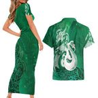 New Zealand Matariki Couples Matching Short Sleeve Bodycon Dress and Hawaiian Shirt Maori Manaia Galaxy Silver Fern Green Color