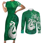 New Zealand Matariki Couples Matching Short Sleeve Bodycon Dress and Long Sleeve Button Shirt Maori Manaia Galaxy Silver Fern Green Color