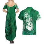New Zealand Matariki Couples Matching Summer Maxi Dress and Hawaiian Shirt Maori Manaia Galaxy Silver Fern Green Color