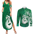 New Zealand Matariki Couples Matching Summer Maxi Dress and Long Sleeve Button Shirt Maori Manaia Galaxy Silver Fern Green Color