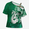 New Zealand Matariki Cross Shoulder Shirt Maori Manaia Galaxy Silver Fern Green Color