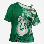 New Zealand Matariki Cross Shoulder Shirt Maori Manaia Galaxy Silver Fern Green Color