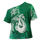 New Zealand Matariki Cross Shoulder Shirt Maori Manaia Galaxy Silver Fern Green Color