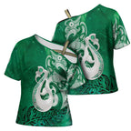New Zealand Matariki Cross Shoulder Shirt Maori Manaia Galaxy Silver Fern Green Color