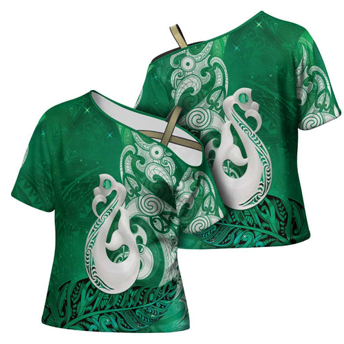 New Zealand Matariki Cross Shoulder Shirt Maori Manaia Galaxy Silver Fern Green Color