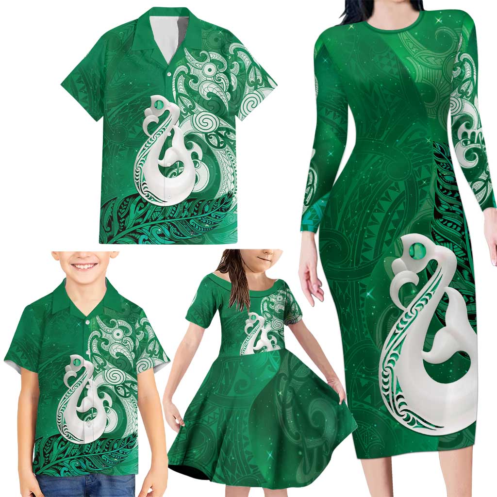New Zealand Matariki Family Matching Long Sleeve Bodycon Dress and Hawaiian Shirt Maori Manaia Galaxy Silver Fern Green Color
