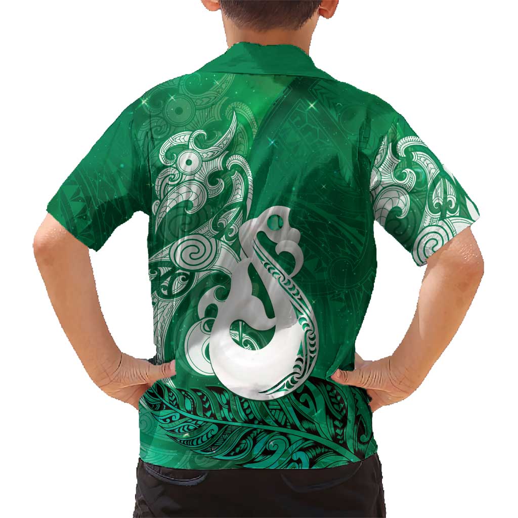 New Zealand Matariki Family Matching Long Sleeve Bodycon Dress and Hawaiian Shirt Maori Manaia Galaxy Silver Fern Green Color