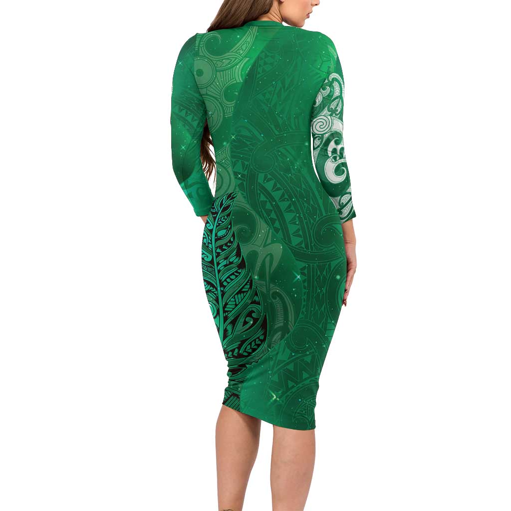 New Zealand Matariki Family Matching Long Sleeve Bodycon Dress and Hawaiian Shirt Maori Manaia Galaxy Silver Fern Green Color