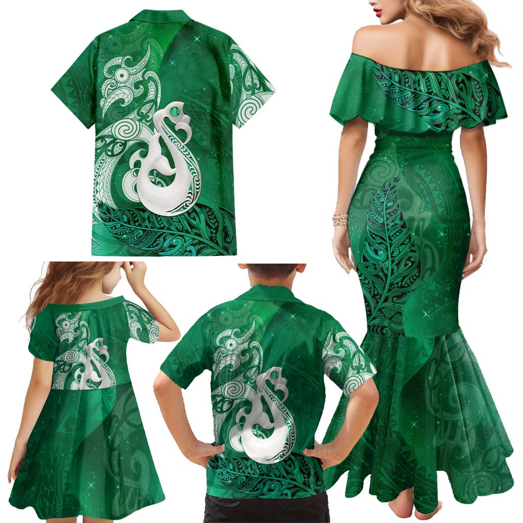 New Zealand Matariki Family Matching Mermaid Dress and Hawaiian Shirt Maori Manaia Galaxy Silver Fern Green Color