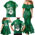 New Zealand Matariki Family Matching Mermaid Dress and Hawaiian Shirt Maori Manaia Galaxy Silver Fern Green Color