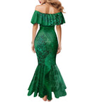 New Zealand Matariki Family Matching Mermaid Dress and Hawaiian Shirt Maori Manaia Galaxy Silver Fern Green Color
