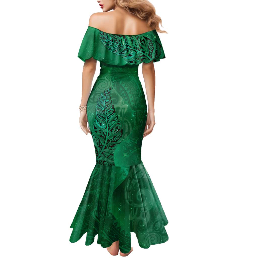 New Zealand Matariki Family Matching Mermaid Dress and Hawaiian Shirt Maori Manaia Galaxy Silver Fern Green Color