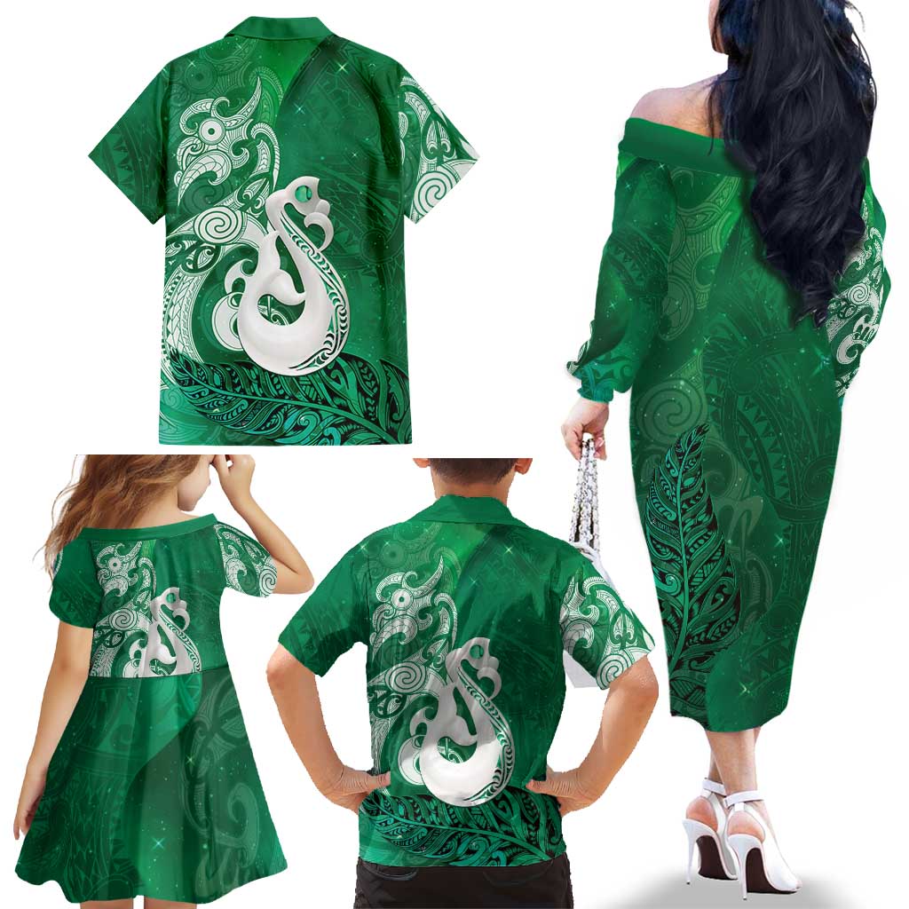 New Zealand Matariki Family Matching Off The Shoulder Long Sleeve Dress and Hawaiian Shirt Maori Manaia Galaxy Silver Fern Green Color