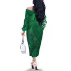New Zealand Matariki Family Matching Off The Shoulder Long Sleeve Dress and Hawaiian Shirt Maori Manaia Galaxy Silver Fern Green Color
