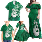 New Zealand Matariki Family Matching Off Shoulder Maxi Dress and Hawaiian Shirt Maori Manaia Galaxy Silver Fern Green Color