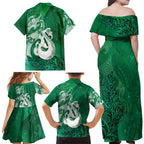New Zealand Matariki Family Matching Off Shoulder Maxi Dress and Hawaiian Shirt Maori Manaia Galaxy Silver Fern Green Color