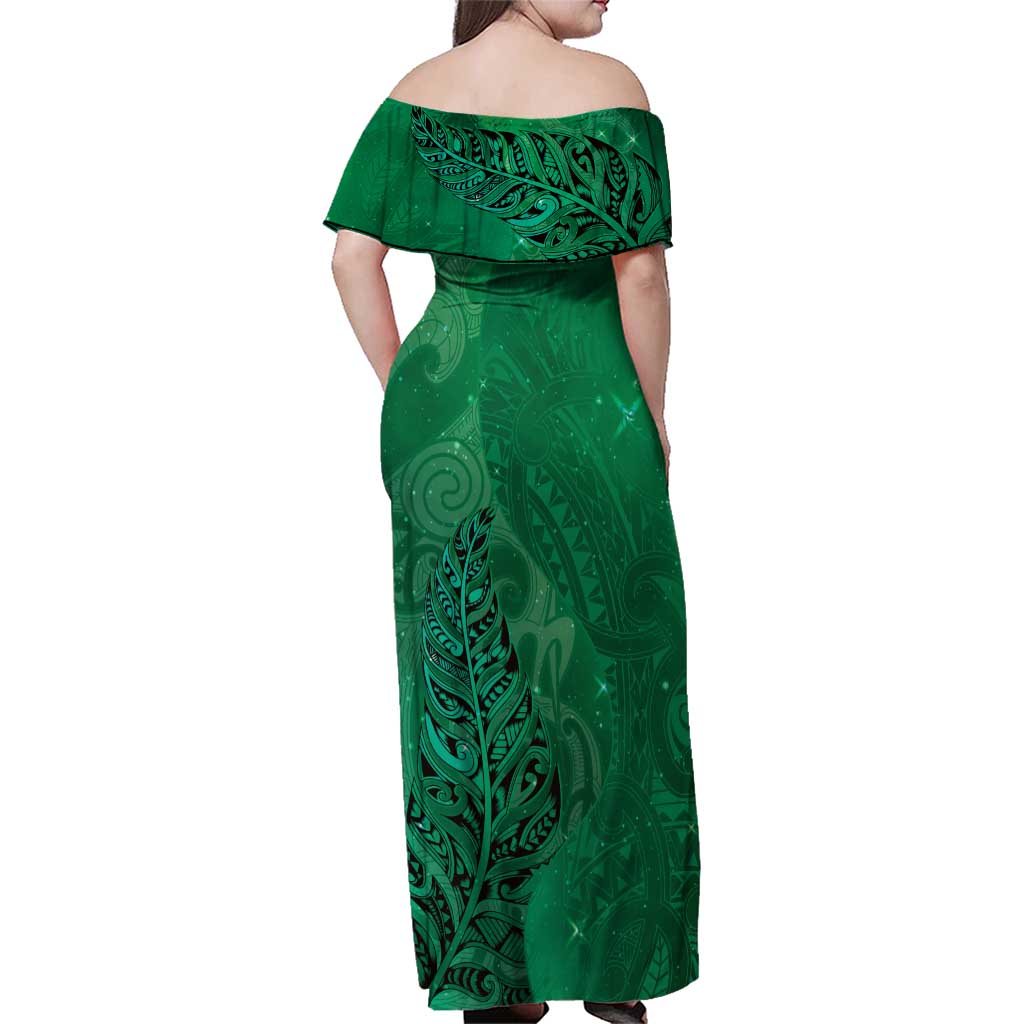 New Zealand Matariki Family Matching Off Shoulder Maxi Dress and Hawaiian Shirt Maori Manaia Galaxy Silver Fern Green Color