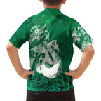 New Zealand Matariki Family Matching Off Shoulder Short Dress and Hawaiian Shirt Maori Manaia Galaxy Silver Fern Green Color