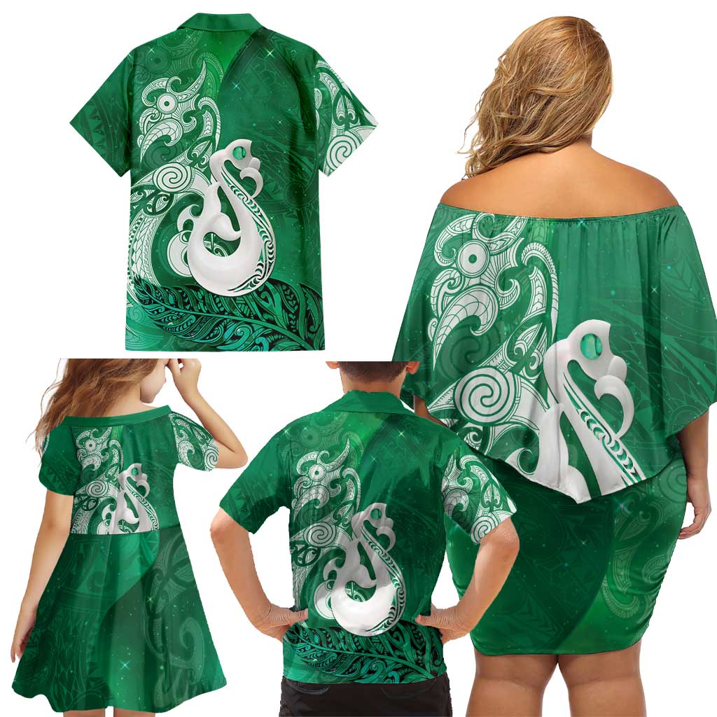 New Zealand Matariki Family Matching Off Shoulder Short Dress and Hawaiian Shirt Maori Manaia Galaxy Silver Fern Green Color