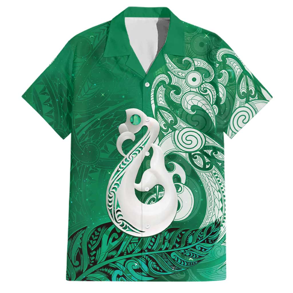 New Zealand Matariki Family Matching Off Shoulder Short Dress and Hawaiian Shirt Maori Manaia Galaxy Silver Fern Green Color