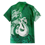 New Zealand Matariki Family Matching Off Shoulder Short Dress and Hawaiian Shirt Maori Manaia Galaxy Silver Fern Green Color